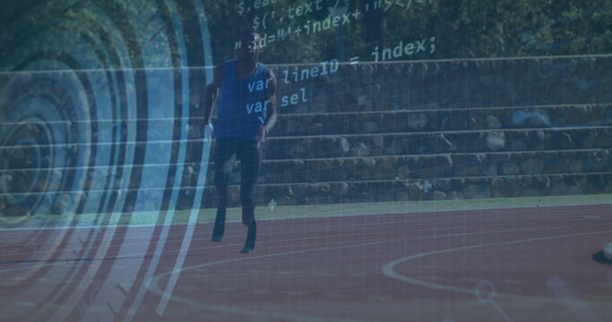 Image of digital data processing over disabled male athlete with running blades on racing track