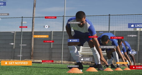 Image of social media text on banners over football players