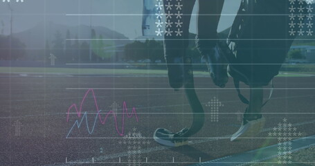 Image of digital data processing over disabled male athlete with running blades on racing track