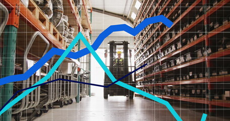 Image of blue lines, financial data processing over warehouse