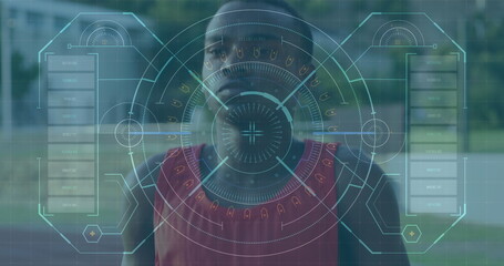 Image of digital data processing over male athlete jumping