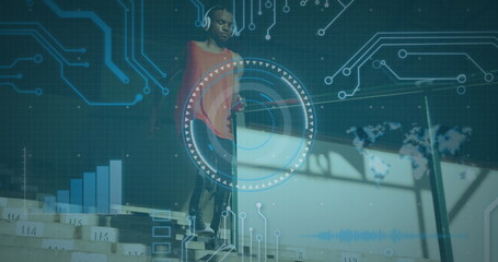 Image of digital data processing over disabled male athlete with running blades