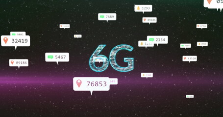 Image of 6g text, social media icons on banners over pink universe