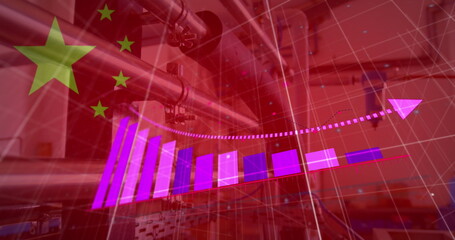 Fototapeta premium Image of financial data processing, flag of china over warehouse