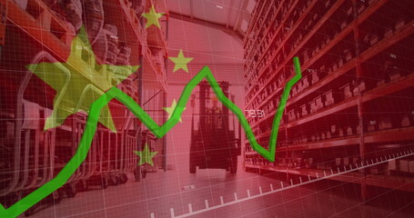 Image of financial data processing, flag of china over warehouse