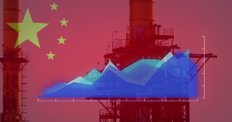 Image of flag of china and financial data processing over factory