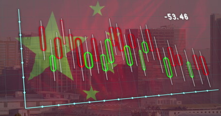 Fototapeta premium Image of flag of china and financial data processing over cityscape