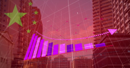 Image of flag of china and financial data processing over cityscape