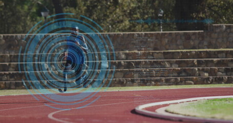 Image of digital data processing over disabled male athlete with running blades on racing track