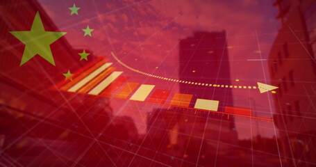 Image of financial data processing, flag of china over cityscape