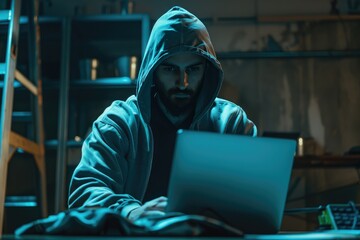 Computer hacker stealing data from a laptop concept for network security, identity theft and...