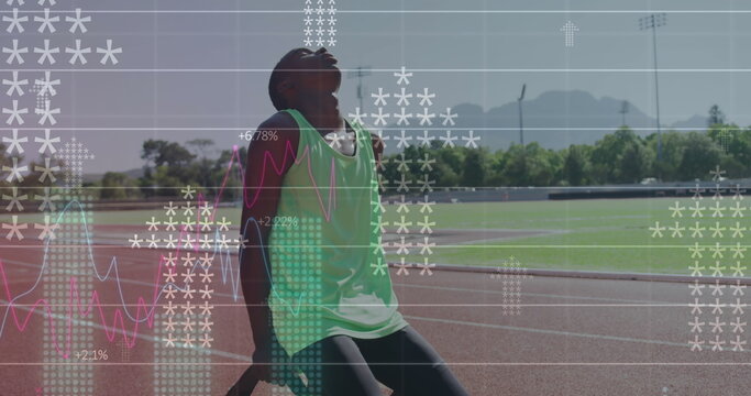 Image of digital data processing over disabled male athlete with running blades on racing track