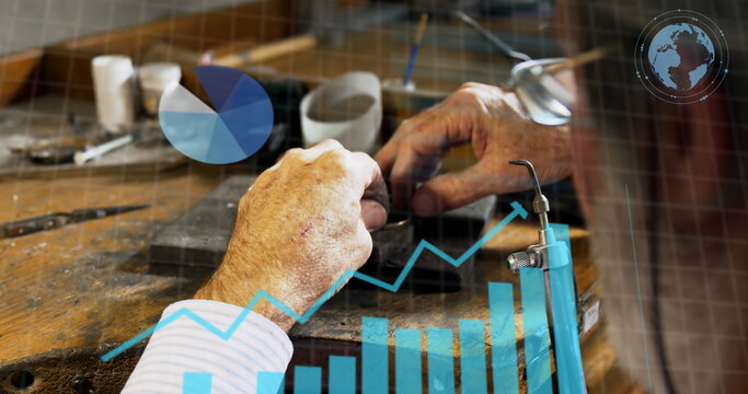 Image of financial data processing over caucasian woman in workshop - Powered by Adobe