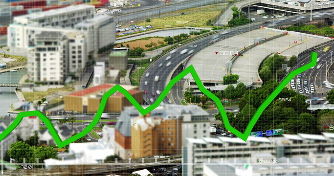 Image of green line and financial data processing over cityscape