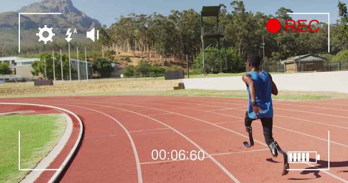 Image of digital data processing over disabled male athlete with running blades on racing track