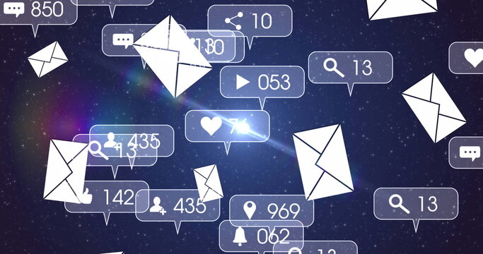 Fototapeta Image of online digital envelope icons and speech bubbles over night sky