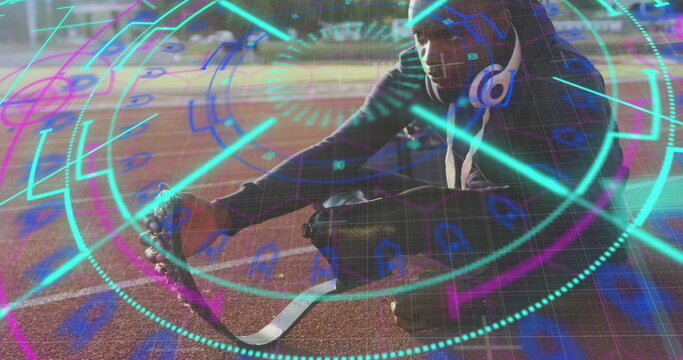 Image of digital data processing over disabled male athlete with running blades on racing track