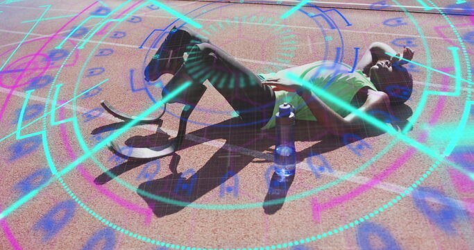 Image of digital data processing over disabled male athlete with running blades on racing track