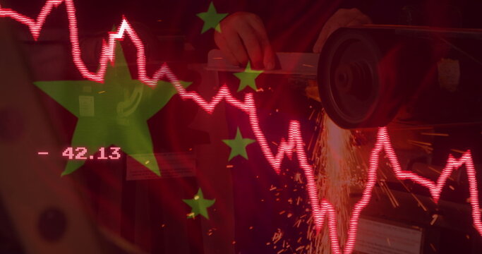 Image of financial data processing, flag of china over factory