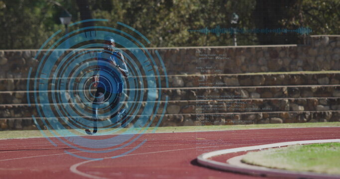 Image of digital data processing over disabled male athlete with running blades on racing track