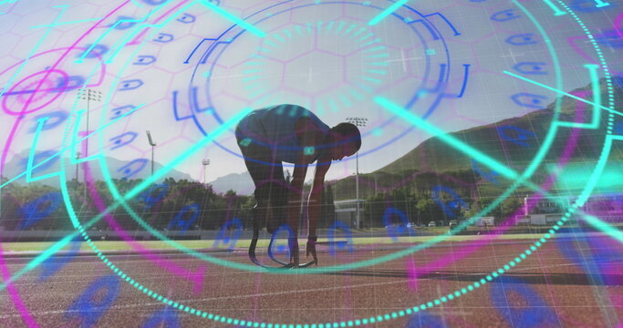 Image of digital data processing over disabled male athlete with running blades on racing track