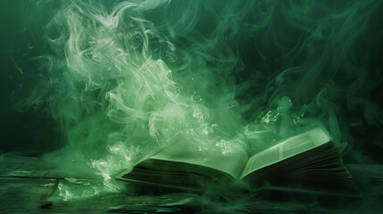 dark ancient book with green light magic , magical book