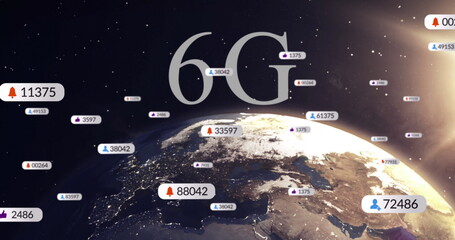 Image of 6g text, social media icons on banners over globe