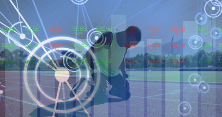 Image of digital data processing over disabled male athlete with running blades on running track