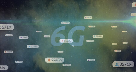 Image of 6g text, social media icons on banners over clouds of smoke