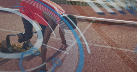 Image of digital data processing over disabled male athlete with running blades on running track