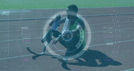 Image of digital data processing over disabled male athlete with running blades drinking water