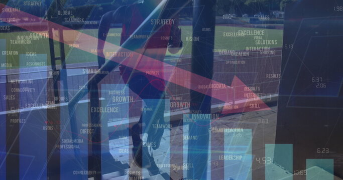 Image of statistics with arrow over disabled male athlete with running blades on running track - Powered by Adobe