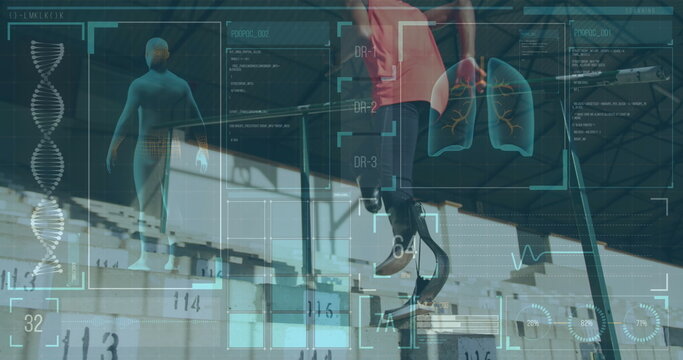 Image of digital data processing over disabled male athlete with running blades in stadium - Powered by Adobe