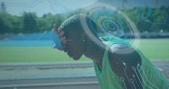 Image of digital data processing over male athlete wiping forehead on racing track