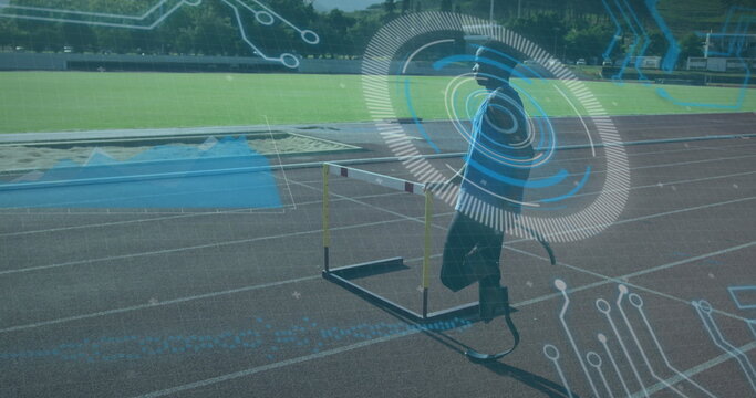 Image of digital data processing over disabled male athlete with running blades on running track - Powered by Adobe