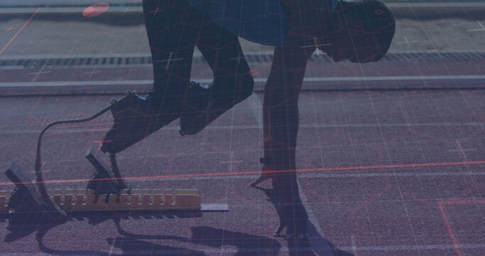 Image of digital data processing over disabled male athlete with running blades on running track