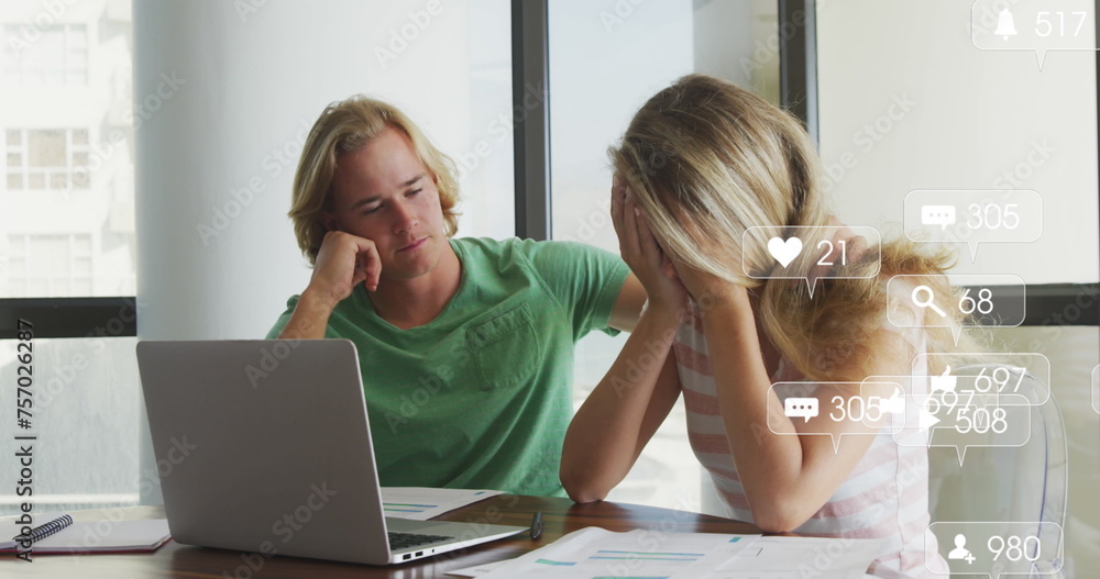 Poster multiple digital icons with increasing numbers over stressed caucasian couple calculating finances