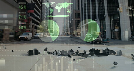 Statistical data processing against dollar symbol falling and breaking on city street