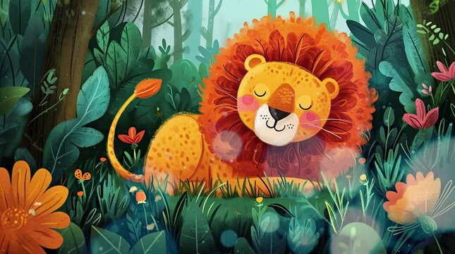 Cute lion peacefully slumbering amidst the enchanting beauty of the fantasy forest Seamless looping 4k time-lapse virtual video animation background. Generated AI