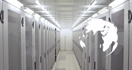 Data processing over spinning globe and world map against computer server room