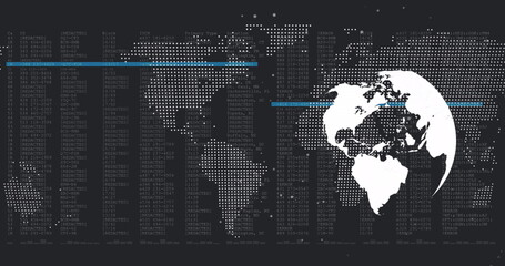 Spinning globe and world map against data processing on black background