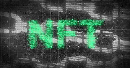 Green nft text banner over network of connections and security chain icon against black background