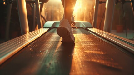 Close up of feet, sportman runner running on treadmill in fitness club. Cardio workout. Healthy lifestyle, guy training in gym. Sport running concept.  - obrazy, fototapety, plakaty