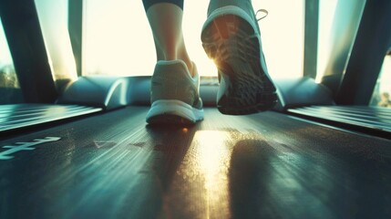 Close up of feet, sportman runner running on treadmill in fitness club. Cardio workout. Healthy...
