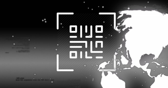 Qr code and data processing over spinning globe against black background