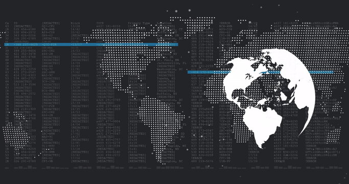 Spinning globe and world map against data processing on black background