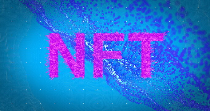 Purple nft text banner against blue digital wave on blue background