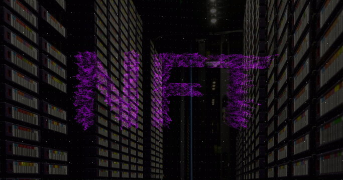 Image of nft text over server room