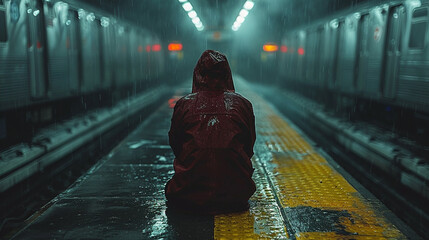 Lonely figure in red sitting on subway platform during a rainstorm, creating a somber urban scene.