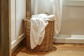Fototapeta na wymiar White towels in a wicker basket in a bright, cozy bathroom interior.